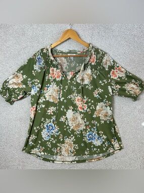 Nuco Olive Green Floral Smocked Yoke Women's Top XXL